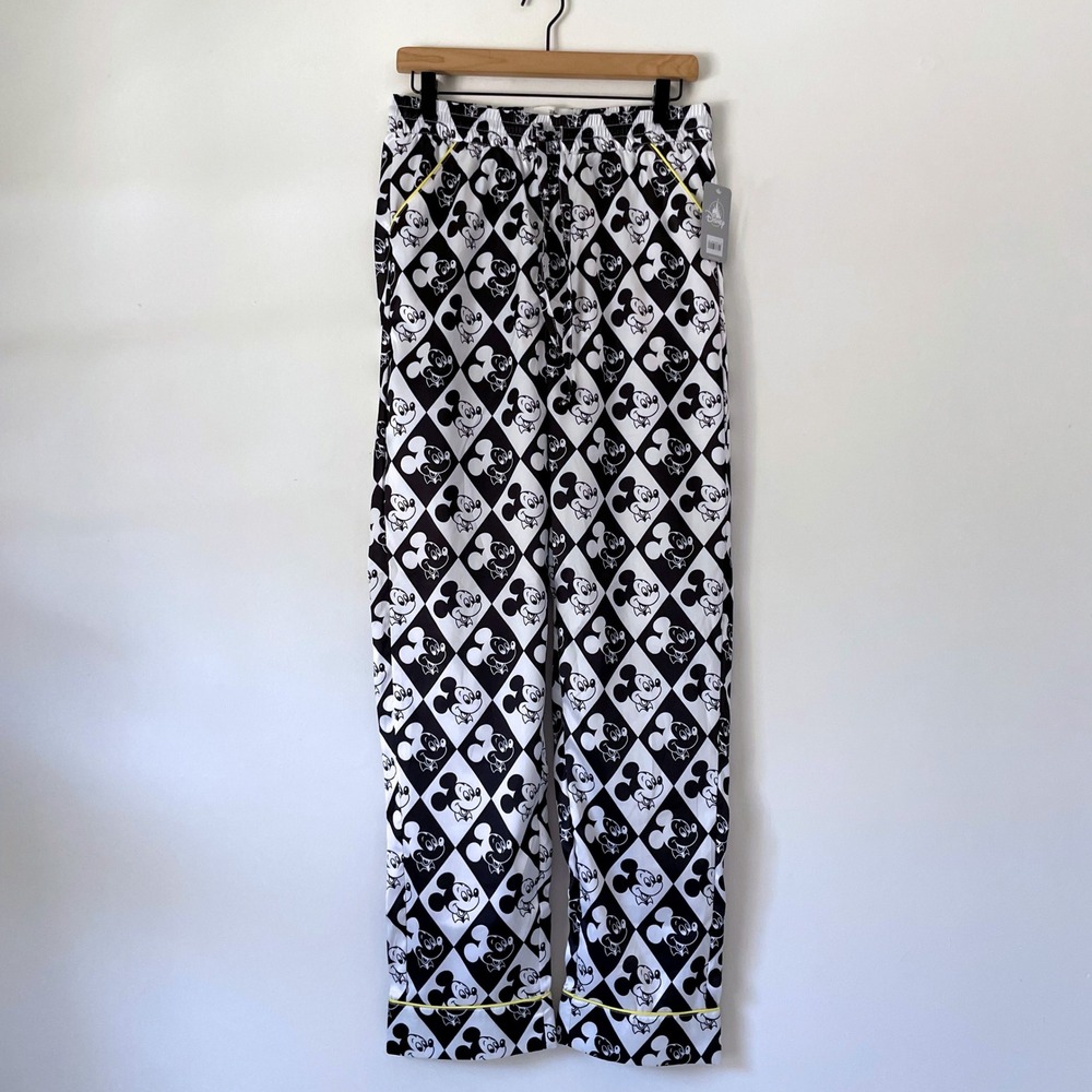 Disney Mickey Mouse Diamond Satin Pajama Lounge Pants Black White Sz Small Retro
